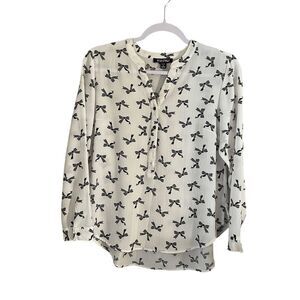Roz & Ali Womens Top Small Ivory Black Bow Print Blouse
